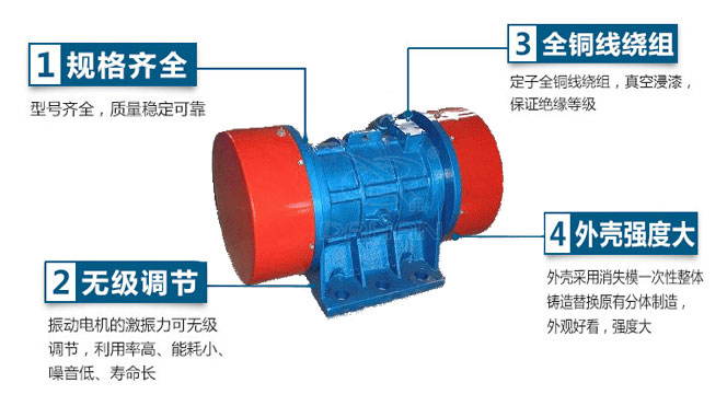 VB振動(dòng)電機(jī)特點(diǎn)：1，規(guī)格齊全：型號(hào)齊全，質(zhì)量穩(wěn)定可靠。2，無極調(diào)節(jié)：振動(dòng)電機(jī)的激振力可無極調(diào)節(jié)，利用率高，能耗小，噪音低，壽命長(zhǎng)。4，外殼輕度大：外殼采用消失模一次性整體鑄造替換原有分體制造，外觀好看，強(qiáng)度大。