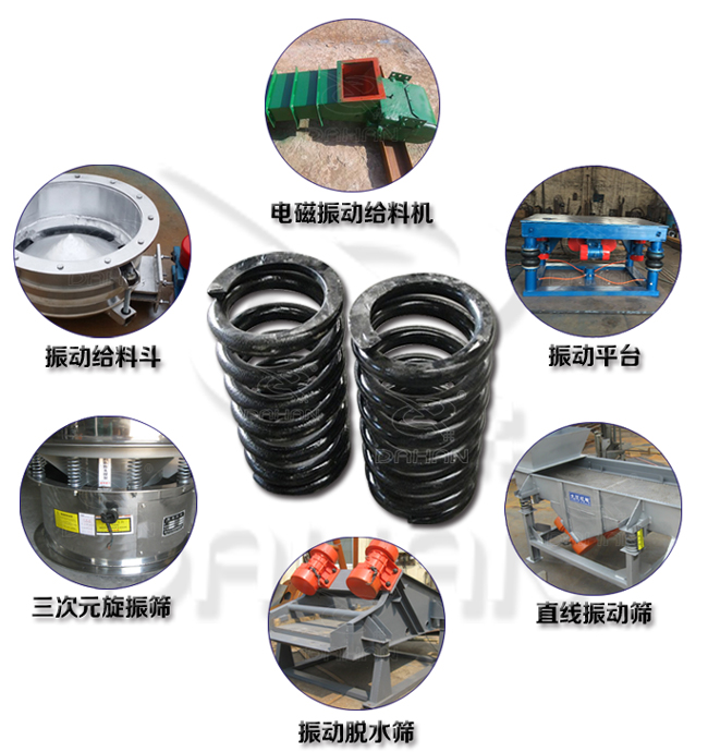 旋振篩減震彈簧適用產(chǎn)品：振動給料機，電磁振動給料機，振動平臺，直線振動篩，振動脫水篩，三次元旋振篩。