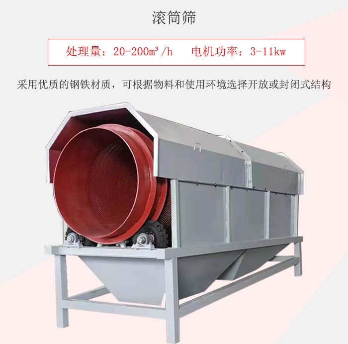 滾筒篩采用優(yōu)質(zhì)的鋼鐵材質(zhì)，可根據(jù)物料和使用環(huán)境選擇開放或封閉式結(jié)構(gòu)