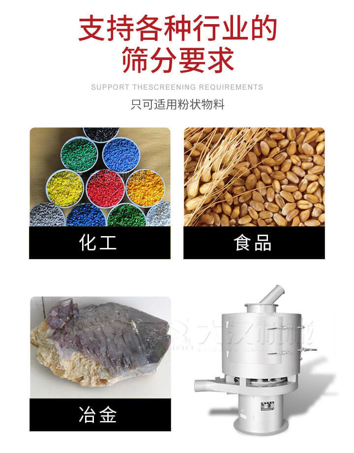氣流篩用于礦粉，石墨粉，活性納米碳酸鈣，鋁灰，大豆粉，碳酸重鈣，石墨粉，木粉，干草，重金石粉，藥粉末，橡膠顆粒，草酸鹽，干料粉，木粉，聚酯粉，干粉，塑料，金屬粉末，橡膠粉，粉煤灰，石墨粉，陶瓷粉，鋅粉，石英粉，石灰粉，鐵粉，金屬硅粉等。
