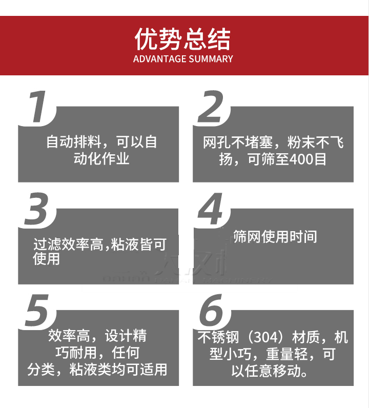 過濾篩優(yōu)勢總結(jié)：1，自動排料，可以自動化作用。2，網(wǎng)孔不堵塞，粉塵不飛揚(yáng)，可篩至400目。3，過濾效率高，任何粒，粉，粘液也可使用。4，篩網(wǎng)設(shè)計大大提高了篩網(wǎng)使用時間，也魏換網(wǎng)提高了方便。5，效率高，設(shè)計精巧耐用，任何分類設(shè)計精巧耐用，任何分類，粘液類均可適用。6，不銹鋼材質(zhì)機(jī)型小巧，重量輕，可以任意移動。