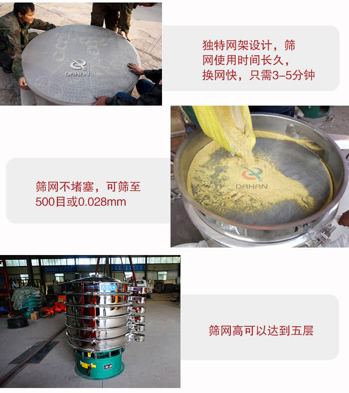 三次元振動(dòng)篩的特點(diǎn)：篩網(wǎng)使用時(shí)間長(zhǎng)換讓時(shí)間短，篩網(wǎng)不堵塞，可篩至500目或0.028mm。
