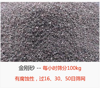 篩分金剛砂每小時100kg，有腐蝕性，過16、30、50目篩網(wǎng)