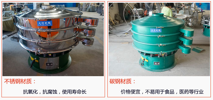 800型振動篩有不銹鋼和碳鋼兩種材質(zhì)，不銹鋼材質(zhì)：抗氧化，抗腐蝕，使用壽命長 碳鋼材質(zhì)：價格便宜，不易篩分食品，化工，醫(yī)藥等行業(yè)的物料。