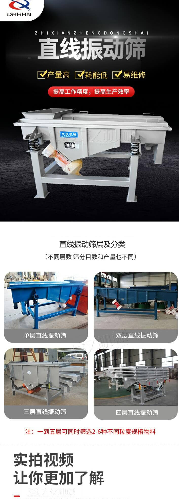 直線振動篩概述，產(chǎn)量高，耗能低，易維修，提高工作精度，提高生產(chǎn)效率，直線振動篩層級分類：不同層數(shù)，篩分目數(shù)和產(chǎn)量也不同：單層，雙層，三層，四層等。