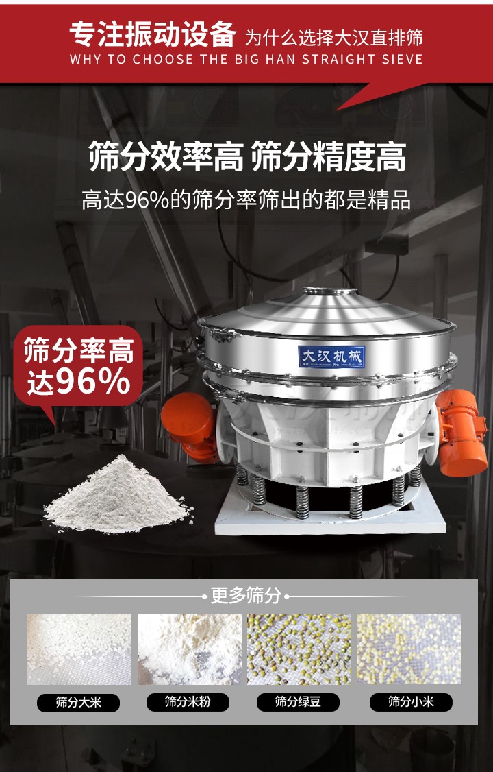 直排篩適用物料有面粉，淀粉，洗衣粉，金屬粉，添加劑，化工，非礦等行業(yè)。