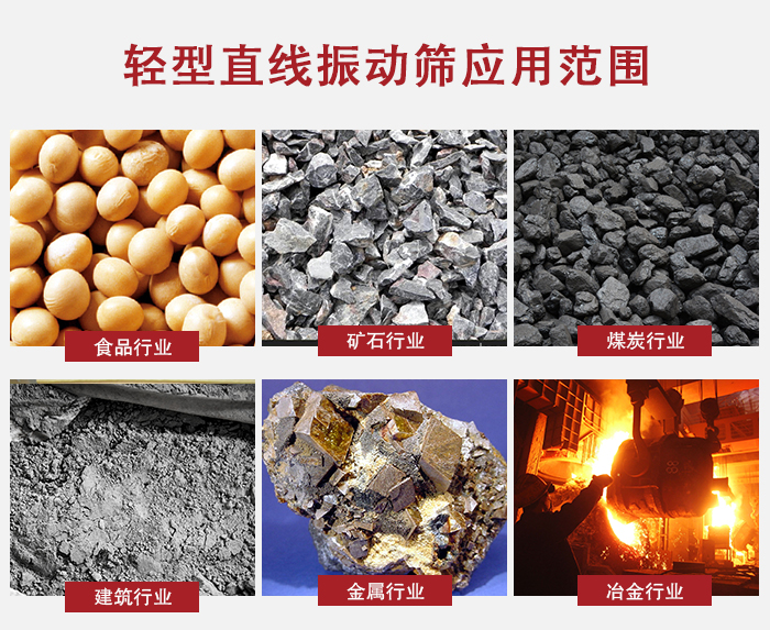 輕型直線振動(dòng)篩應(yīng)用范圍較廣多使用與顆粒狀，粉狀以及其它重型行業(yè)的輸送。