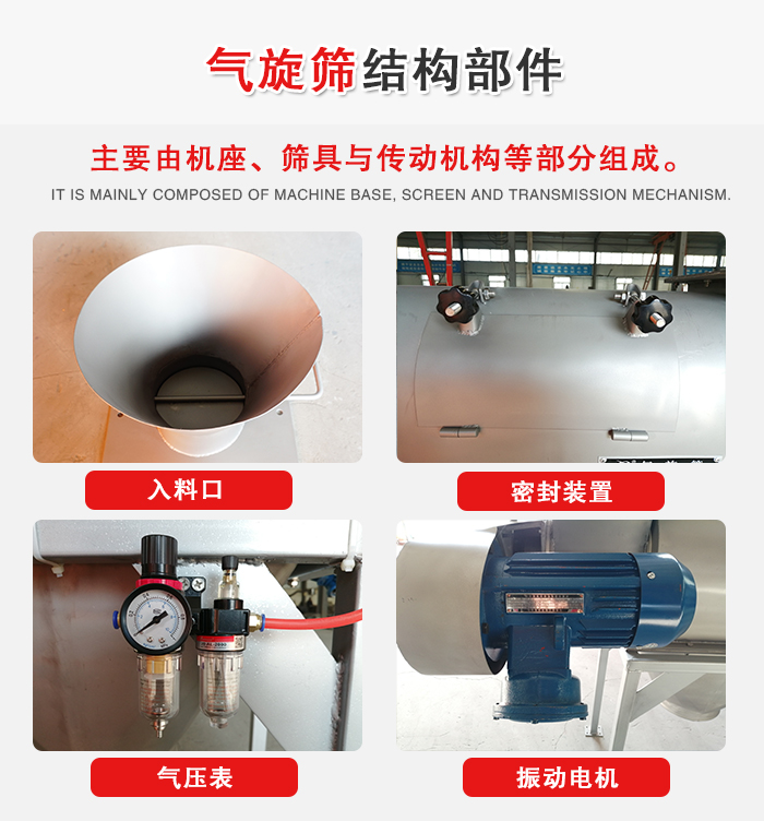 氣旋篩結(jié)構(gòu)：入料口，密封裝置，電機(jī)，氣壓表等