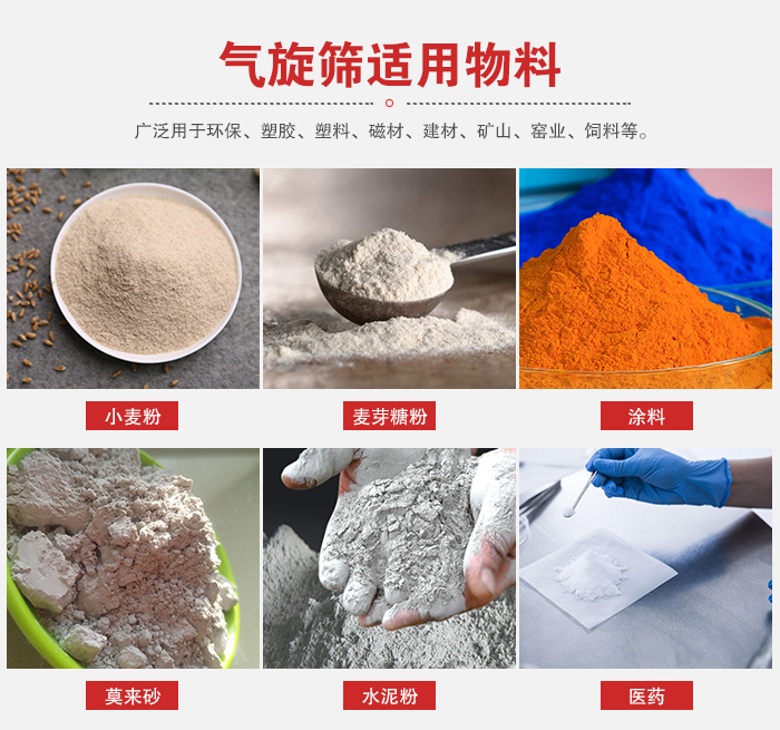 氣旋篩適用物料：小麥粉，麥芽糖粉，涂料，等粉狀物料。