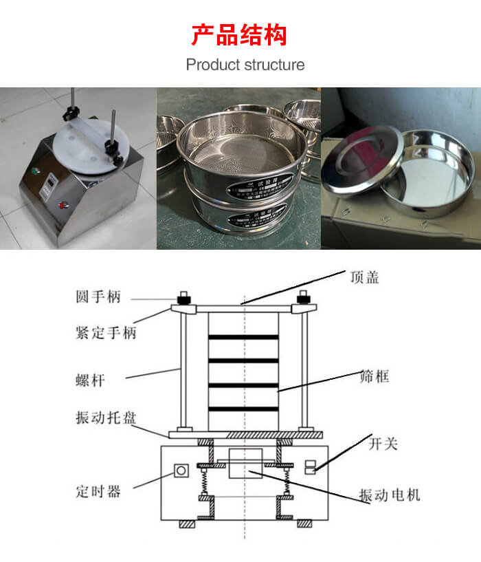 實(shí)驗(yàn)室振動(dòng)篩-試驗(yàn)篩結(jié)構(gòu)主要由：圓手柄，緊定手柄，螺桿，振動(dòng)托盤，篩框，頂蓋等。