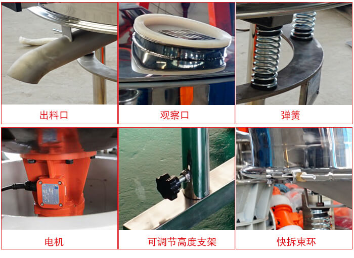 高頻篩細(xì)節(jié)展示：出料口，觀察口，彈簧，電機(jī)，可調(diào)節(jié)高度支架，快拆束環(huán)。